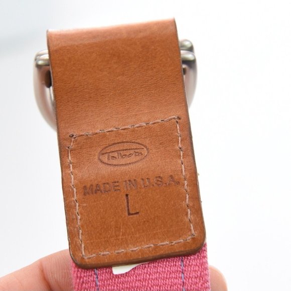 Talbots Women Sz L Lemon Print Ribbon Belt Canvas Leather Blue Preppy D Ring USA - Picture 6 of 8